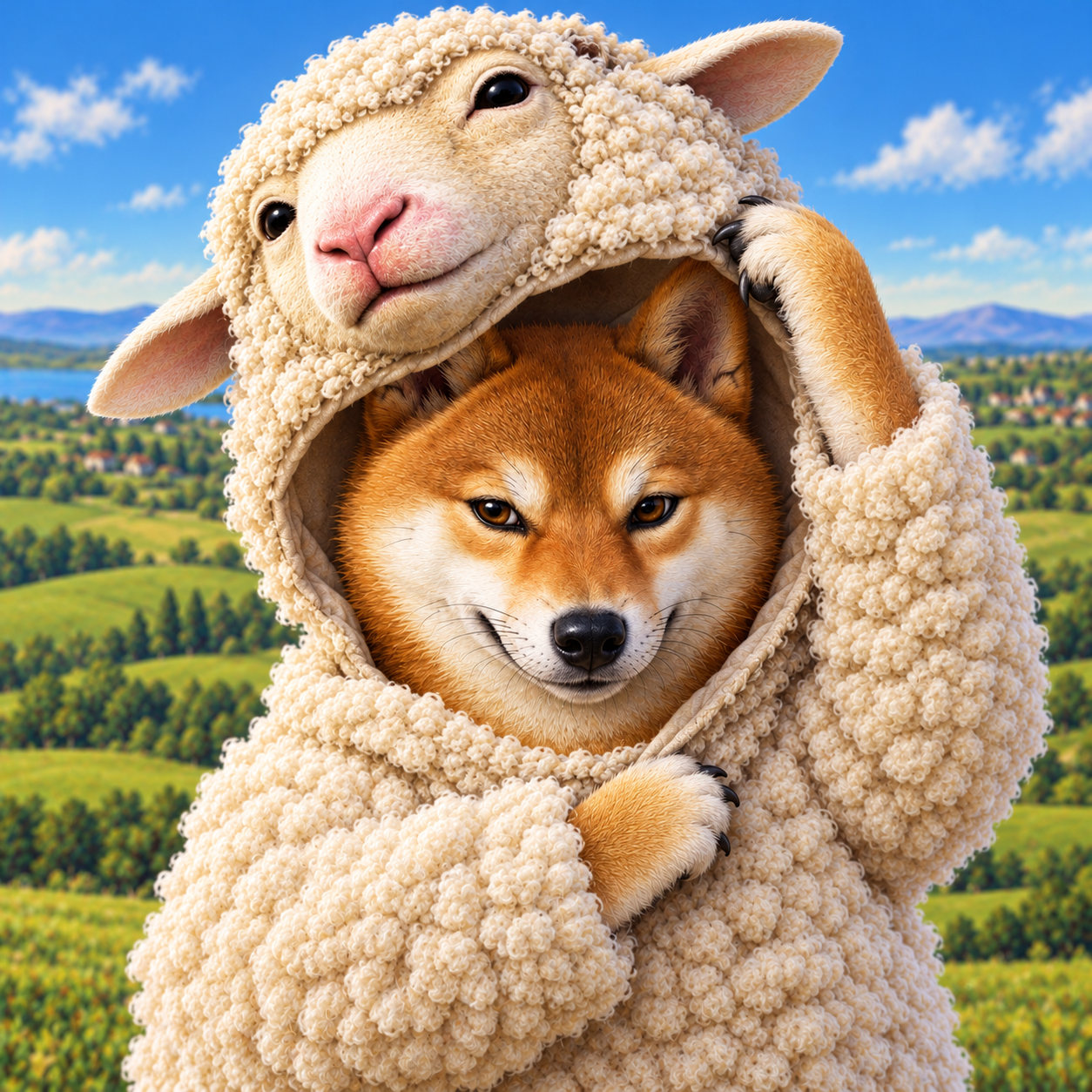 A Shiba Inu peeking from inside a fluffy sheep costume